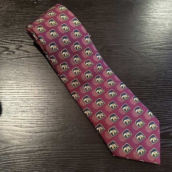 Lanvin Paris Elephant Print Silk Tie Burgundy Navy Gold - Picture 7 of 9
